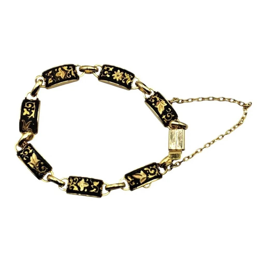 Vintage Damascene Bracelet Panel Links Leaves and Vines Design Safety Chain Cost